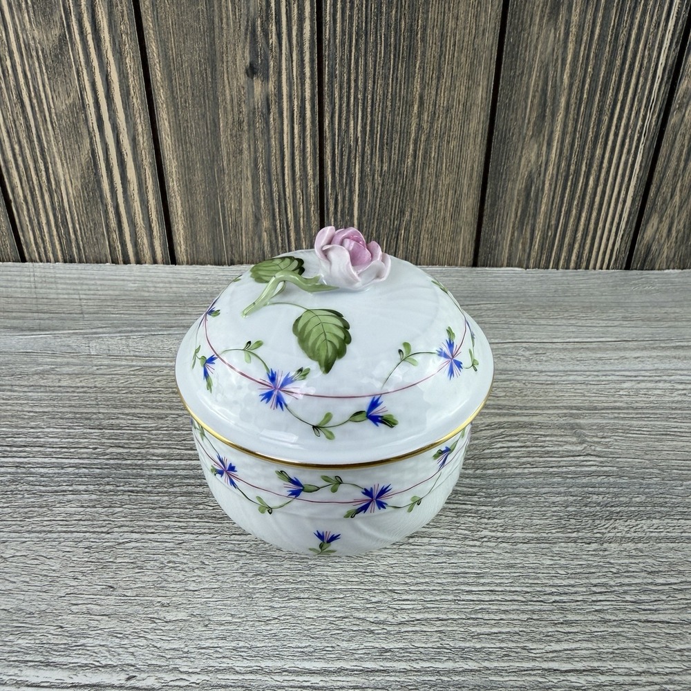 Herend Hungary PBG Blue Garland 1463 Covered Sugar Bowl Rose Finial Hand Painted